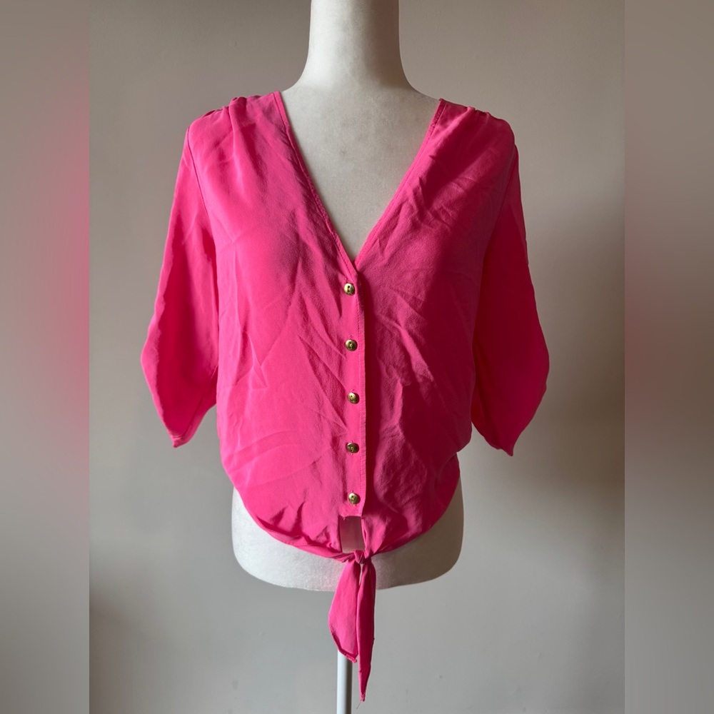 Amanda Uprichard Pink Buttoned Tie Front Blouse